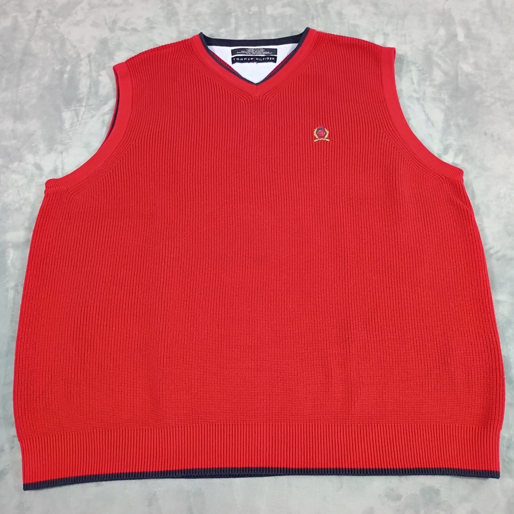 Tommy Hilfiger Mens Red Ribbed V-Neck Sweater Vest Crest Logo Navy Trim XL